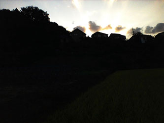 MEGANE CAMERAで撮影した夕焼け空と民家のシルエット