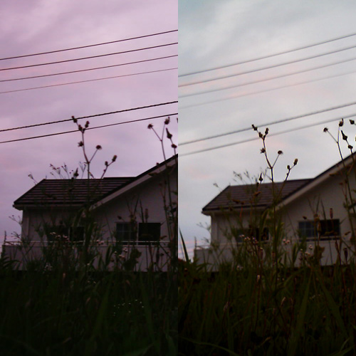 【写真】ミニデジとVQ1005で撮影した夕暮れの邸宅の写真を横に並べたもの
