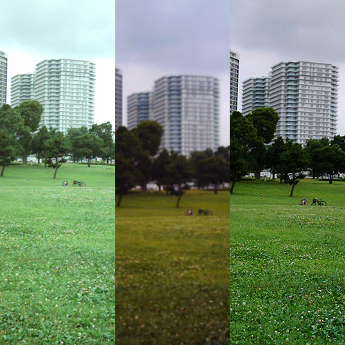 【写真】ミニデジとVQ1005、VQ3007で撮影した、臨港パークの芝生の写真を横に並べたもの。