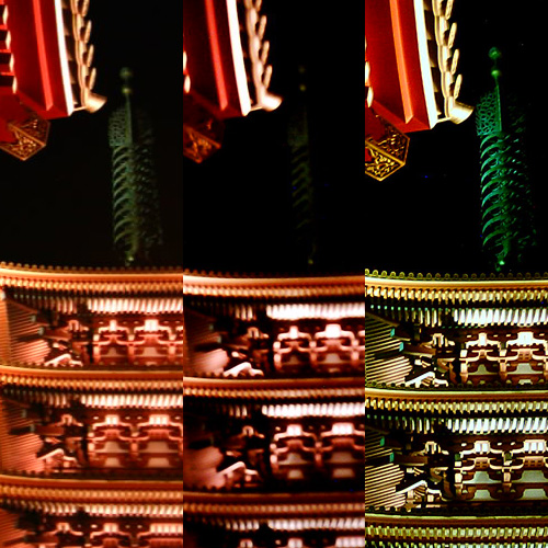 【写真】ミニデジとVQ1005、VQ3007で撮影した、浅草寺五重塔の写真を横に並べたもの。