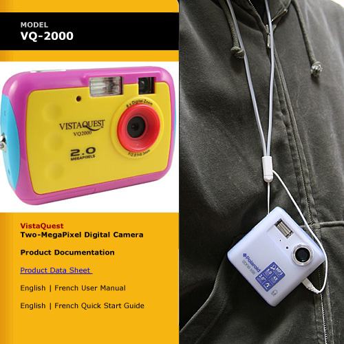 【画像】VistaQuest社のスペック表から引用したVQ2000の外観写真と首からぶら下げた状態のizone 550の写真。
